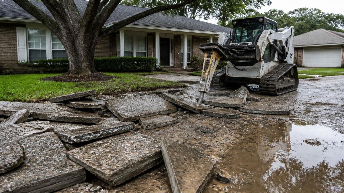 A skid steer breaking up a sunken concrete driveway in front of a slab ranch house