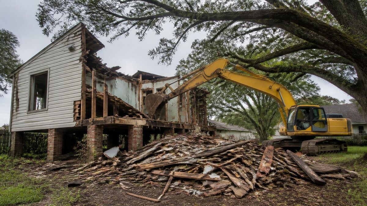An excavator demolishing an old raised wooden house on brick piers under a large live oak